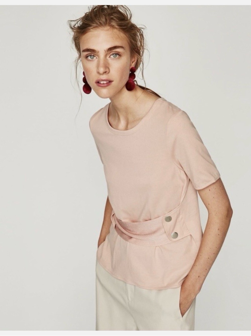 Zara Womens BLush Pink Shirt Top Sz M Blouse Knit Oversized button Waist Band